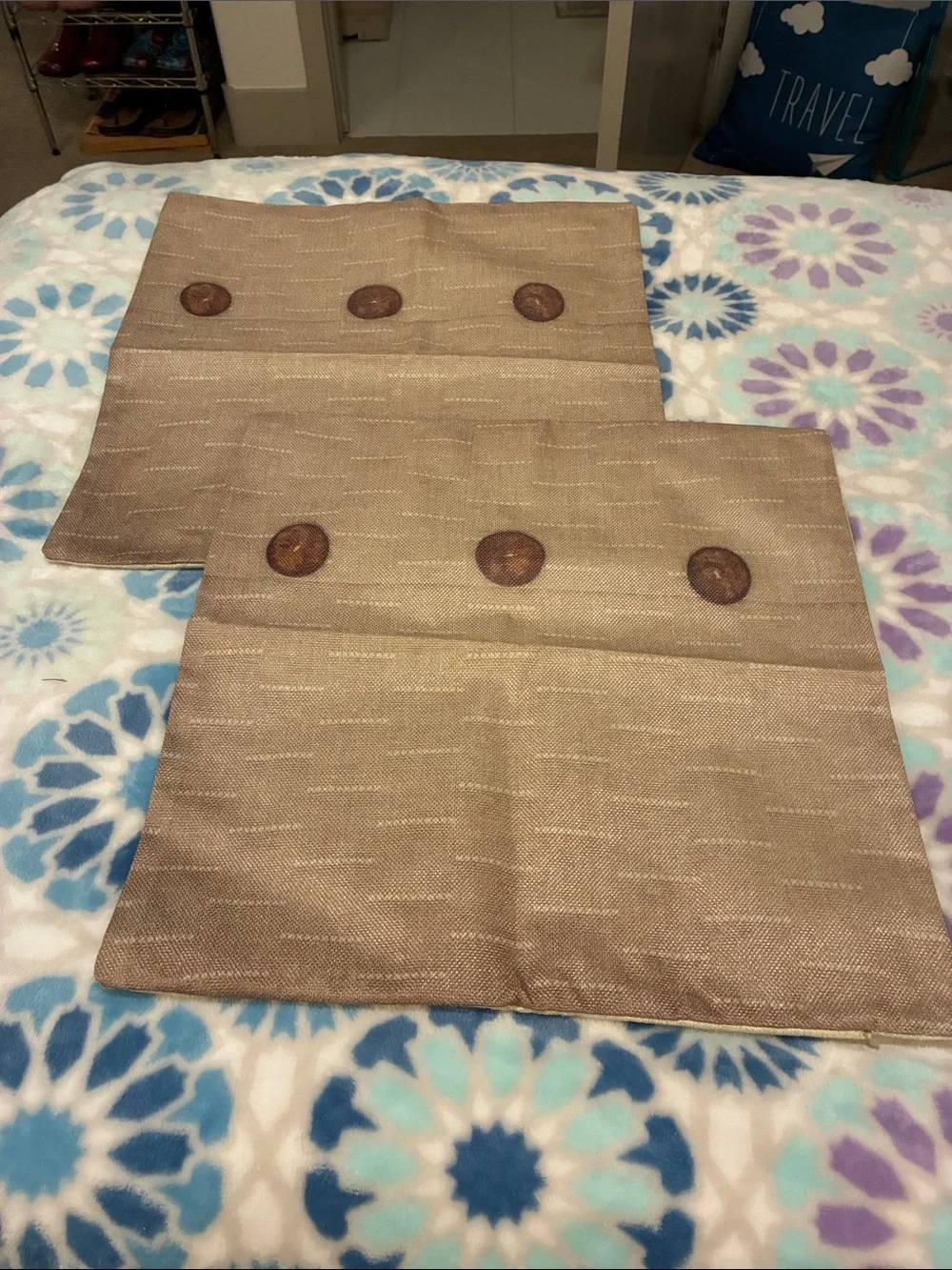 Textured Brown Decorative Pillow Covers with Button Detail
